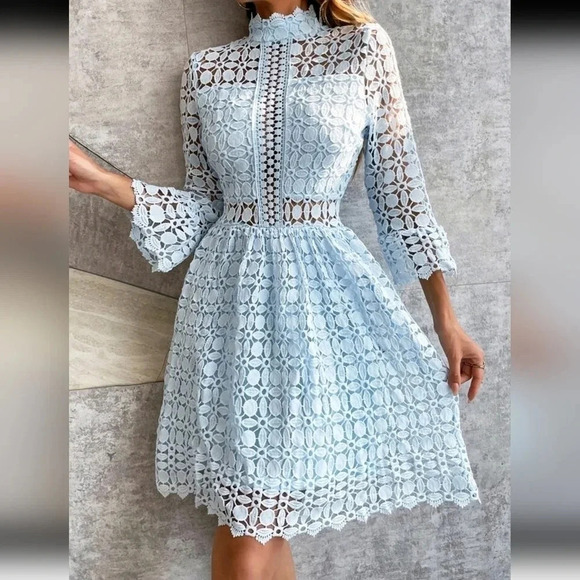 Mesh Insert Mock Neck Flounce Sleeve Lace Dress - Picture 1 of 5